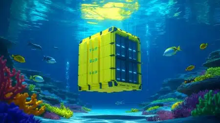 Illustration of a data center pod being installed underwater off the coast of Shanghai.