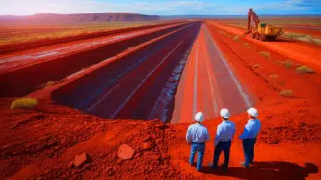 Illustration of geologists examining the world's largest iron ore deposit in Western Australia's Pilbara region.