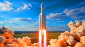 Illustration von einem Raketenstart für das US Air Force Rocket Cargo Projekt.