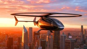 Illustration von einem autonomen VT35 eVTOL Lufttaxi in der Luft.