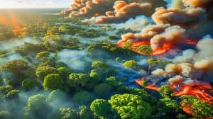 „Sie haben es verschwiegen“: Diese Amazonas-Feuer setzen mehr CO₂ frei als ganz Deutschland (und bedrohen Ihr Klima direkt) Illustration von den verheerenden Bränden im Amazonas-Regenwald und ihren Auswirkungen auf die Kohlenstoffemissionen.