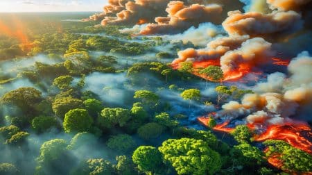 Illustration von den verheerenden Bränden im Amazonas-Regenwald und ihren Auswirkungen auf die Kohlenstoffemissionen.