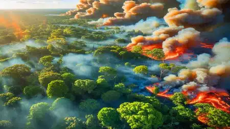Illustration von den verheerenden Bränden im Amazonas-Regenwald und ihren Auswirkungen auf die Kohlenstoffemissionen.