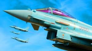Illustration von einem Eurofighter Typhoon Kampfflugzeug mit modernster Radar- und Elektroniktechnologie.