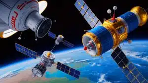 Illustration von der technologischen Rivalität zwischen den USA und China im Bereich der Raumfahrt.