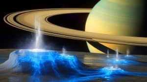 Illustration von der Entdeckung komplexer organischer Moleküle auf dem Saturnmond Enceladus.