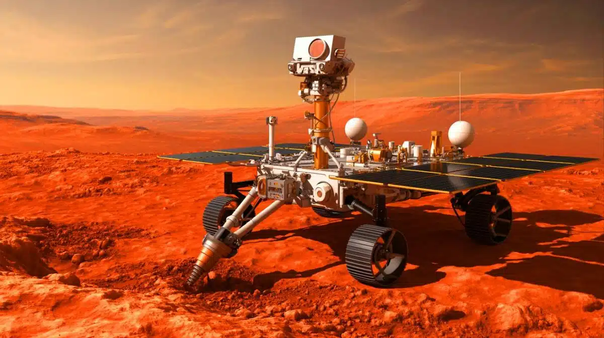 „Er bohrt zwei Meter tief“: Dieser europäische Mars-Rover soll endlich Beweise für Leben auf dem Roten Planeten finden (und alles verändern) Illustration von der ExoMars Rosalind Franklin Rover-Mission auf der Suche nach Leben auf dem Mars.