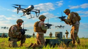 Illustration of U.S. Army personnel testing counter-drone technology with NATO allies in a military exercise.
