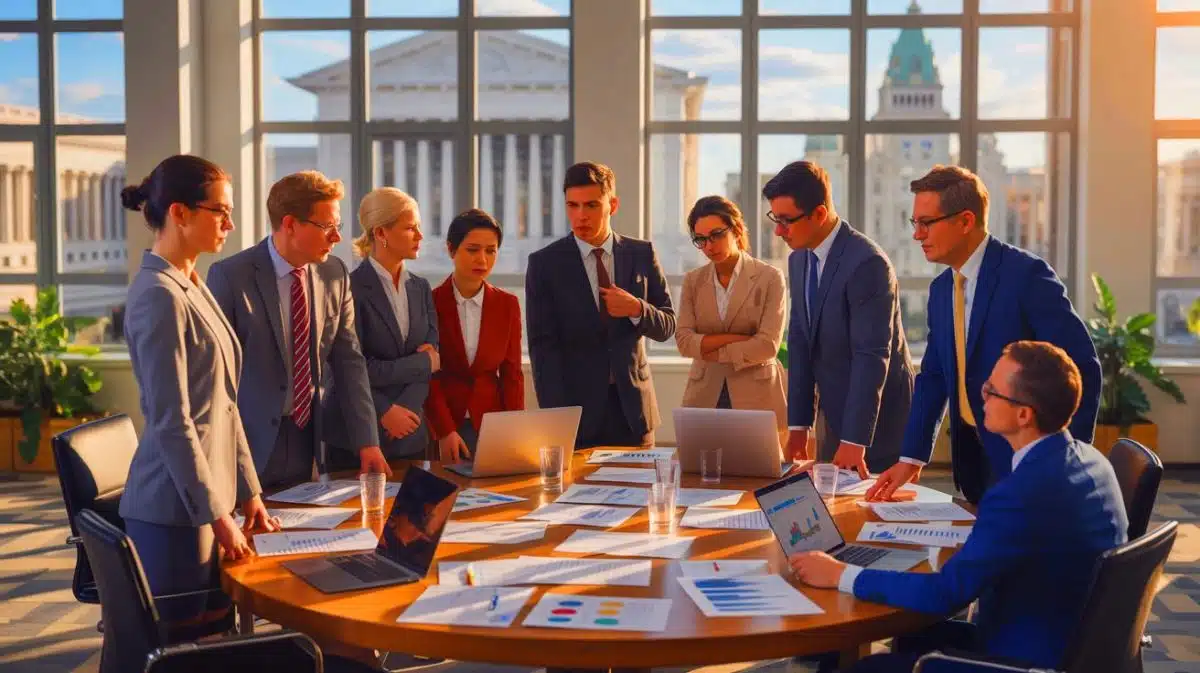 Auftragnehmer fürchten Vergeltung, wenn sie Kosten aus Shutdown zurückfordern – ein alarmierender Einblick in die Branche Illustration von Auftragnehmern im Spannungsfeld zwischen finanziellen Verlusten und rechtlichen Herausforderungen während eines Regierungsstillstands.