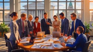 Auftragnehmer fürchten Vergeltung, wenn sie Kosten aus Shutdown zurückfordern – ein alarmierender Einblick in die Branche Illustration von Auftragnehmern im Spannungsfeld zwischen finanziellen Verlusten und rechtlichen Herausforderungen während eines Regierungsstillstands.