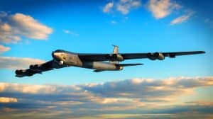 Illustration of a U.S. Air Force B-52 Stratofortress in flight with modernized upgrades.