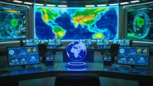 Illustration of digital surveillance and quantum technology impacting U.S.-China relations in the Pacific region.