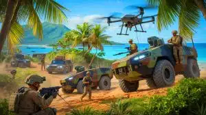 Illustration von modernen Militärübungen der US-Armee mit neuer Technologie und multinationaler Zusammenarbeit.