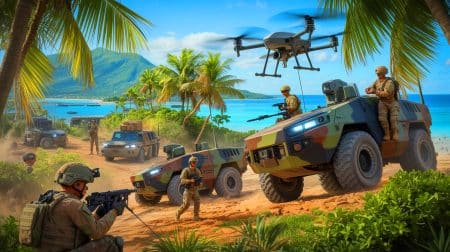 Die Armee enthüllt: Wie Hightech-Einheiten den Krieg der Zukunft vorbereiten Illustration von modernen Militärübungen der US-Armee mit neuer Technologie und multinationaler Zusammenarbeit.
