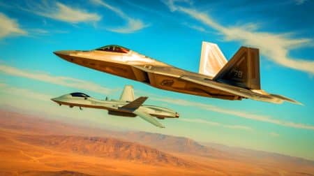 Illustration von einem F-22 Raptor, der eine MQ-20 Avenger-Drohne während eines Testflugs steuert.