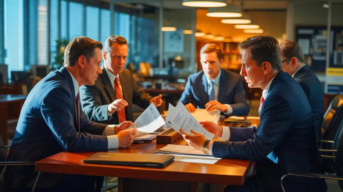 Illustration of FBI officials discussing security protocol changes regarding polygraph waivers.