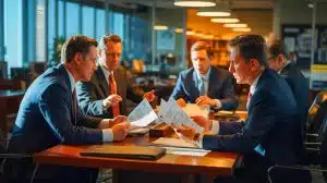Illustration of FBI officials discussing security protocol changes regarding polygraph waivers.