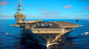 Illustration of Ford-Class aircraft carrier amidst debates on U.S. naval strategy and global security dynamics.