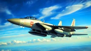 Illustration of Japan's F-15J fighter jet undergoing upgrades to become an advanced Super Interceptor.