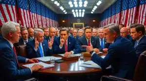 Illustration of U.S. lawmakers discussing sanctions against Russia in response to the proposed Ukraine peace agreement.