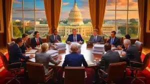 Illustration of bipartisan lawmakers negotiating to end the U.S. government shutdown.