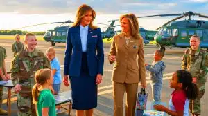 Illustration de la visite de Melania Trump et Usha Vance à Camp Lejeune pour soutenir les familles militaires américaines.