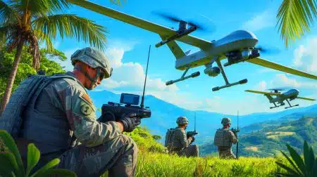 Illustration of U.S. Army Pacific soldiers operating unmanned aerial systems in the Indo-Pacific region.