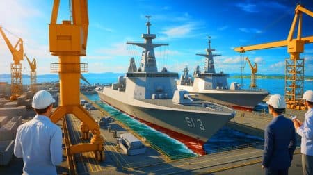 Partnernationen lösen Navy-Krise: Wie internationale Zusammenarbeit die US-Schiffbauprobleme beeinflussen kann Illustration von der internationalen Zusammenarbeit im Schiffbau zur Stärkung der maritimen Sicherheit der USA.