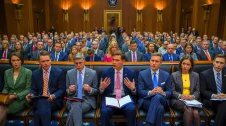 Illustration of Senate hearings uncovering conflicting testimonies from Pentagon officials on Ukraine aid.