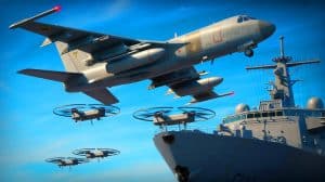 Illustration of military aircraft and maritime drones in a strategic defense setting.