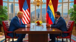 Illustration of U.S. President Donald Trump considering both military action and diplomatic talks with Venezuela amidst geopolitical tensions.
