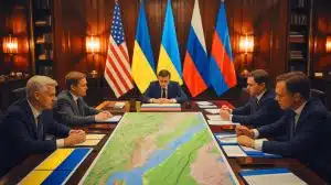 Illustration of the White House's proposed peace plan involving territorial concessions and military reductions in Ukraine.