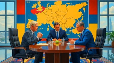 Illustration of the United States applying pressure on Ukraine to accept a controversial peace proposal with Russia.