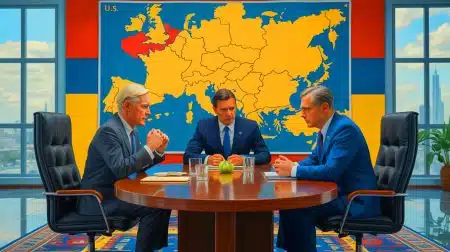Illustration of the United States applying pressure on Ukraine to accept a controversial peace proposal with Russia.