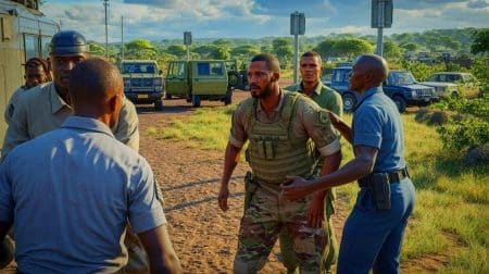 US-Soldat festgenommen: Versuch, mit Granaten nach Tansania einzureisen, enthüllt Sicherheitsrisiko Illustration von einem US-Soldaten, der an der Grenze zwischen Kenia und Tansania festgenommen wird.