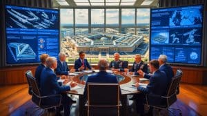 Illustration of Pentagon acquisition reforms debate and military actions in global theaters.