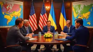 Illustration of US and Ukrainian officials engaging in diplomatic talks to address the Russia-Ukraine conflict.