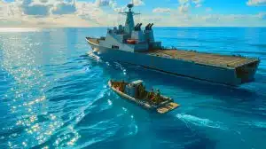 Venezuela Buildup Sparks Regional Tensions as War Plans for Nigeria and China’s Third Carrier Unfold Illustration of U.S. military operations targeting a suspected drug-trafficking vessel in the Caribbean.