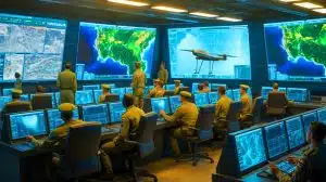 Illustration von militärischen Spannungen und technologischen Entwicklungen in der internationalen Sicherheitspolitik.