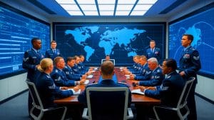 Illustration of U.S. Air Force leaders discussing strategic shifts and organizational changes.