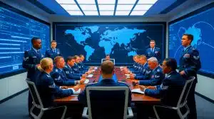 Illustration of U.S. Air Force leaders discussing strategic shifts and organizational changes.