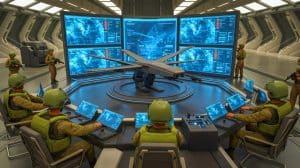 Illustration of the integration of Artificial Intelligence in modern military operations and strategic defense systems.