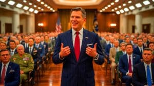 Illustration of Defense Secretary Pete Hegseth speaking at the Reagan National Defense Forum at the Ronald Reagan Presidential Library.