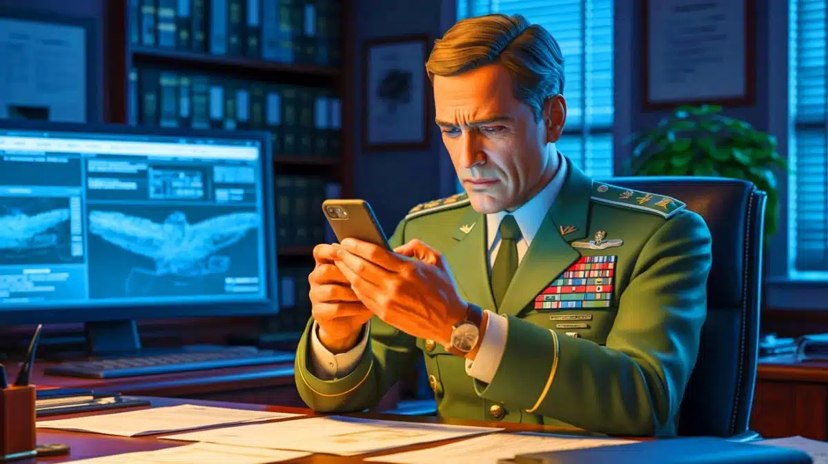 Illustration of Defense Secretary Pete Hegseth discussing the use of an unsecured messaging app for military communication.