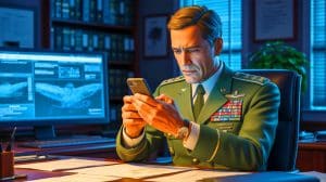 Illustration of Defense Secretary Pete Hegseth discussing the use of an unsecured messaging app for military communication.