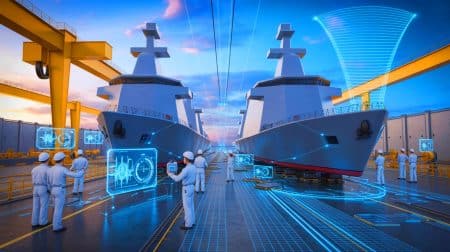 Illustration de l'intégration de l'intelligence artificielle dans l'industrie navale pour optimiser la production et renforcer la défense.