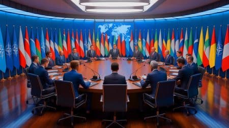 Illustration de la réunion des ministres des Affaires étrangères de l'OTAN au siège de l'organisation à Bruxelles.