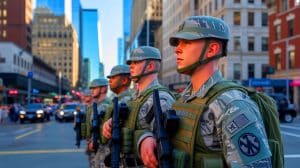 Illustration of National Guard troops deployed in U.S. cities for domestic operations.