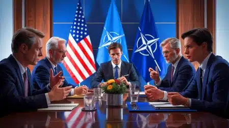 Illustration of the Trump administration's National Security Strategy highlighting geopolitical tensions with NATO and Russia.