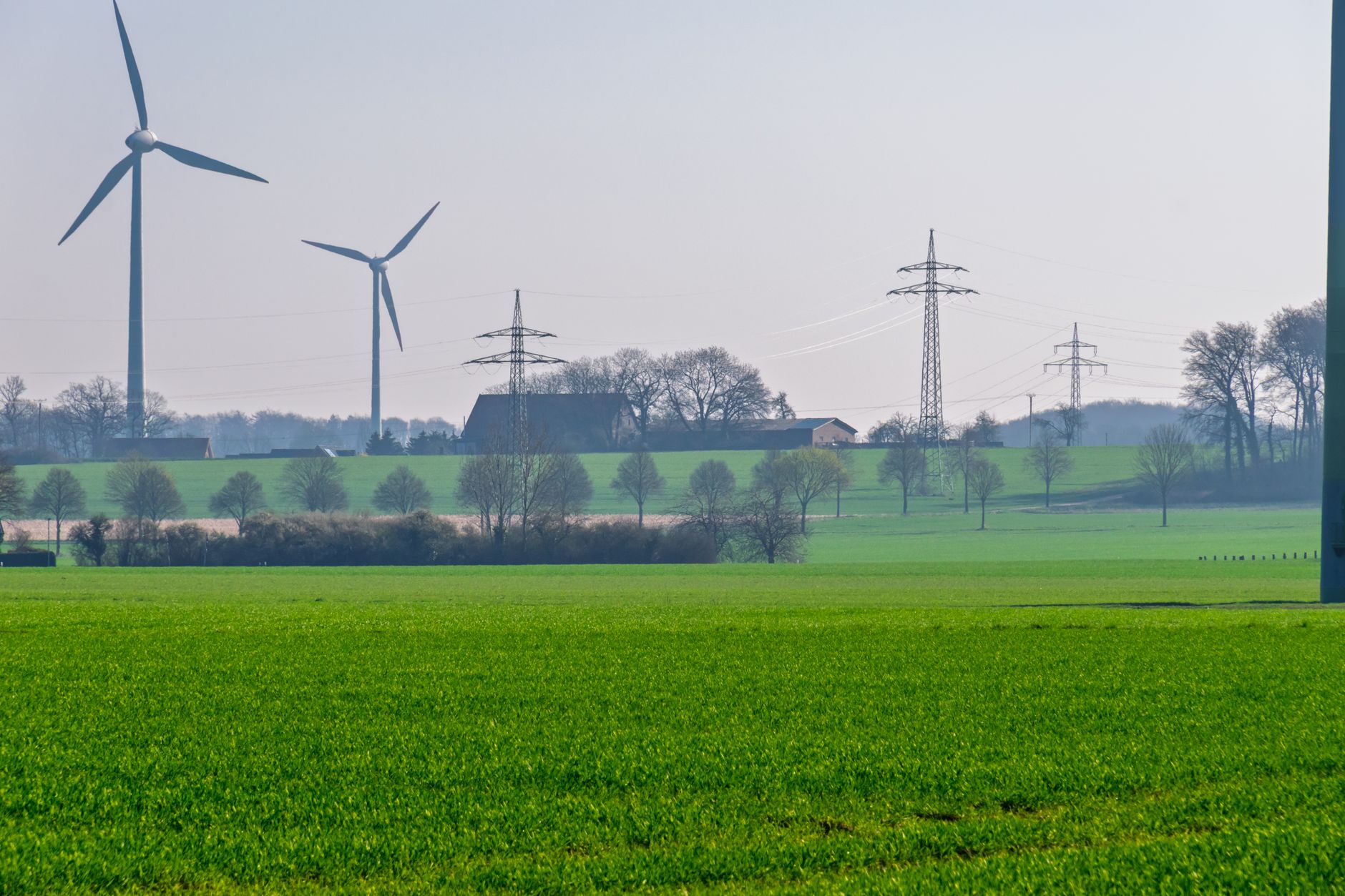 Wind turbines and electricity pylons rise above green farmland with trees and farm buildings under a hazy sky.